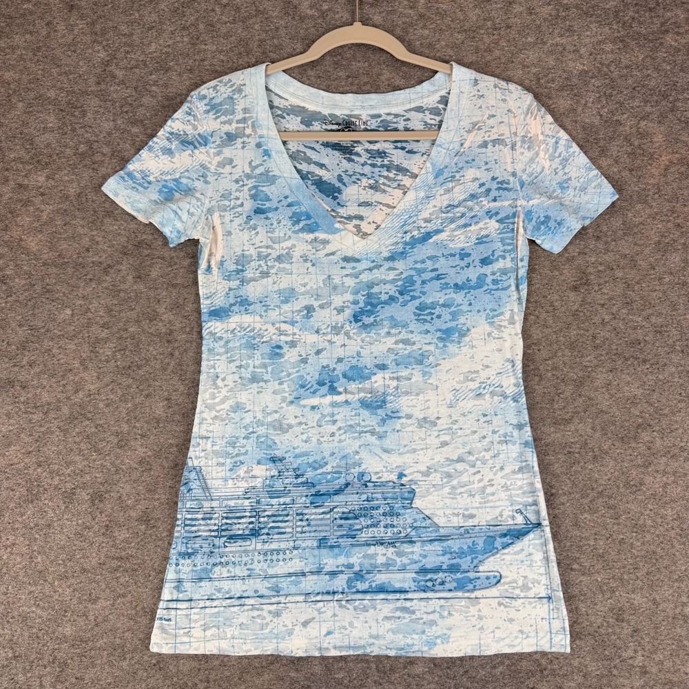 Disney Cruise Line Blueprint Burnout V-Neck T-Shirt Cotton Blue Womens XL